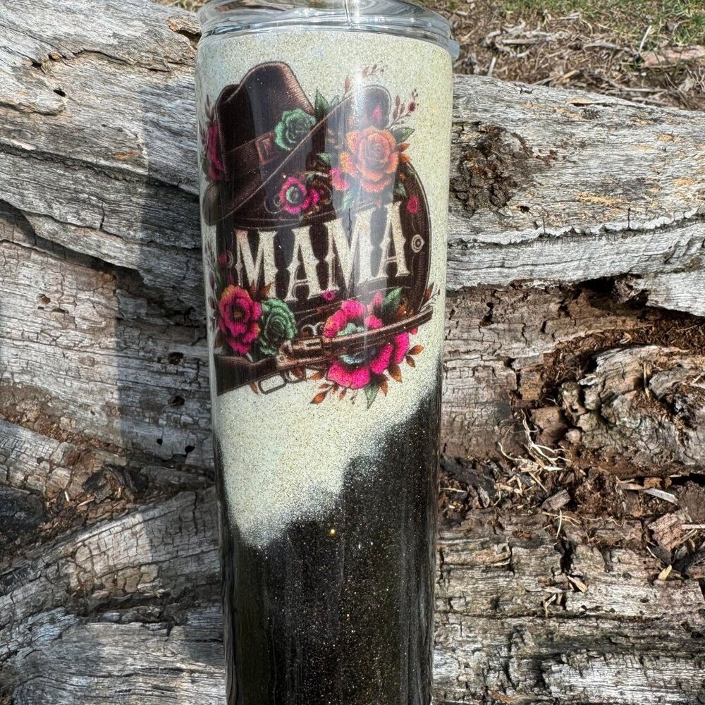MAMA 30oz Skinny Tumbler Epoxy and Black and White Glitter